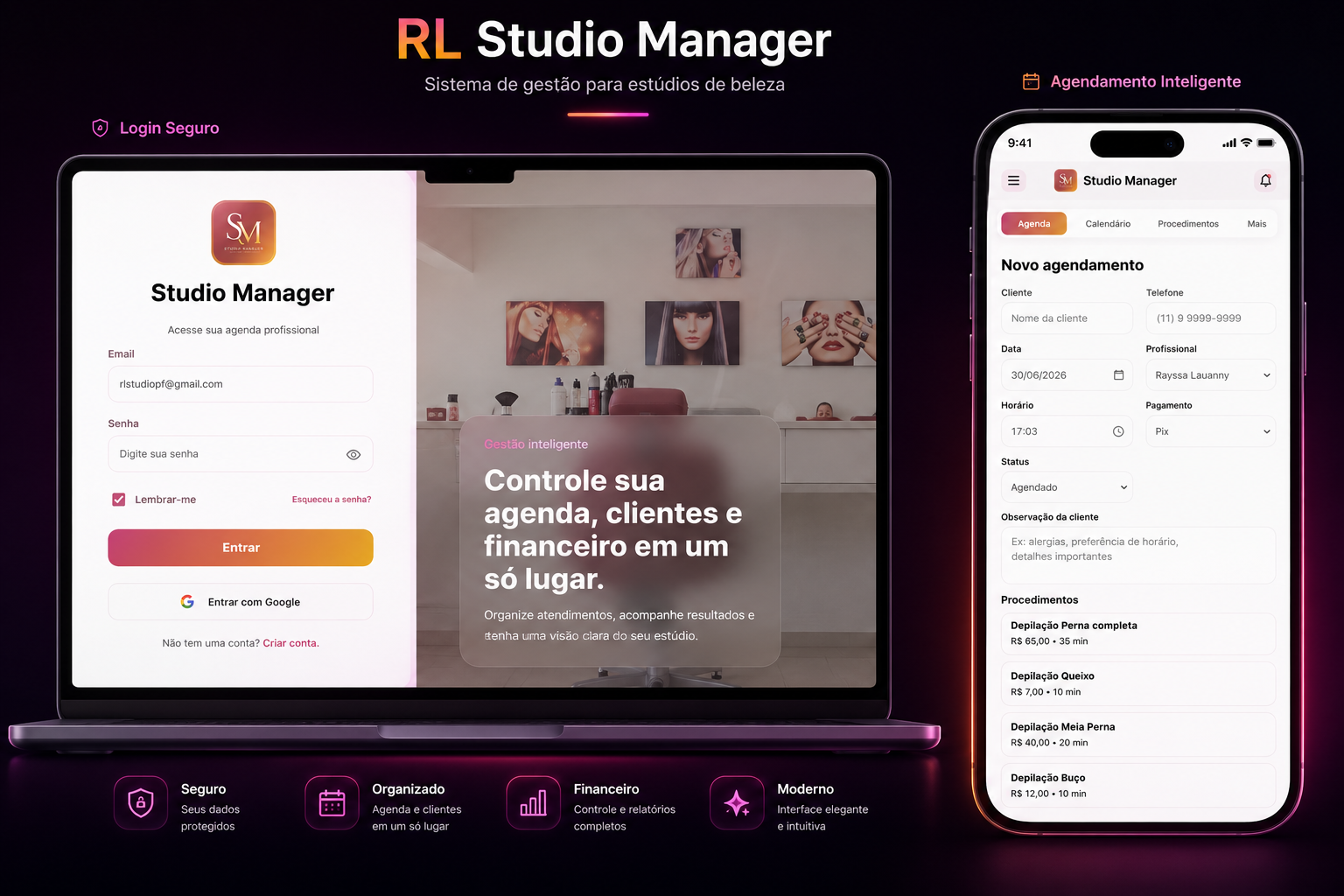 Mockup do projeto RL Studio Manager no computador e celular
